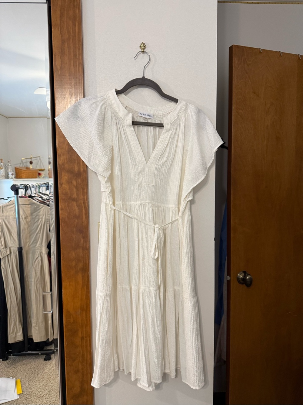 Calvin Klein White Flutter Sleeve Tiered Midi Dress